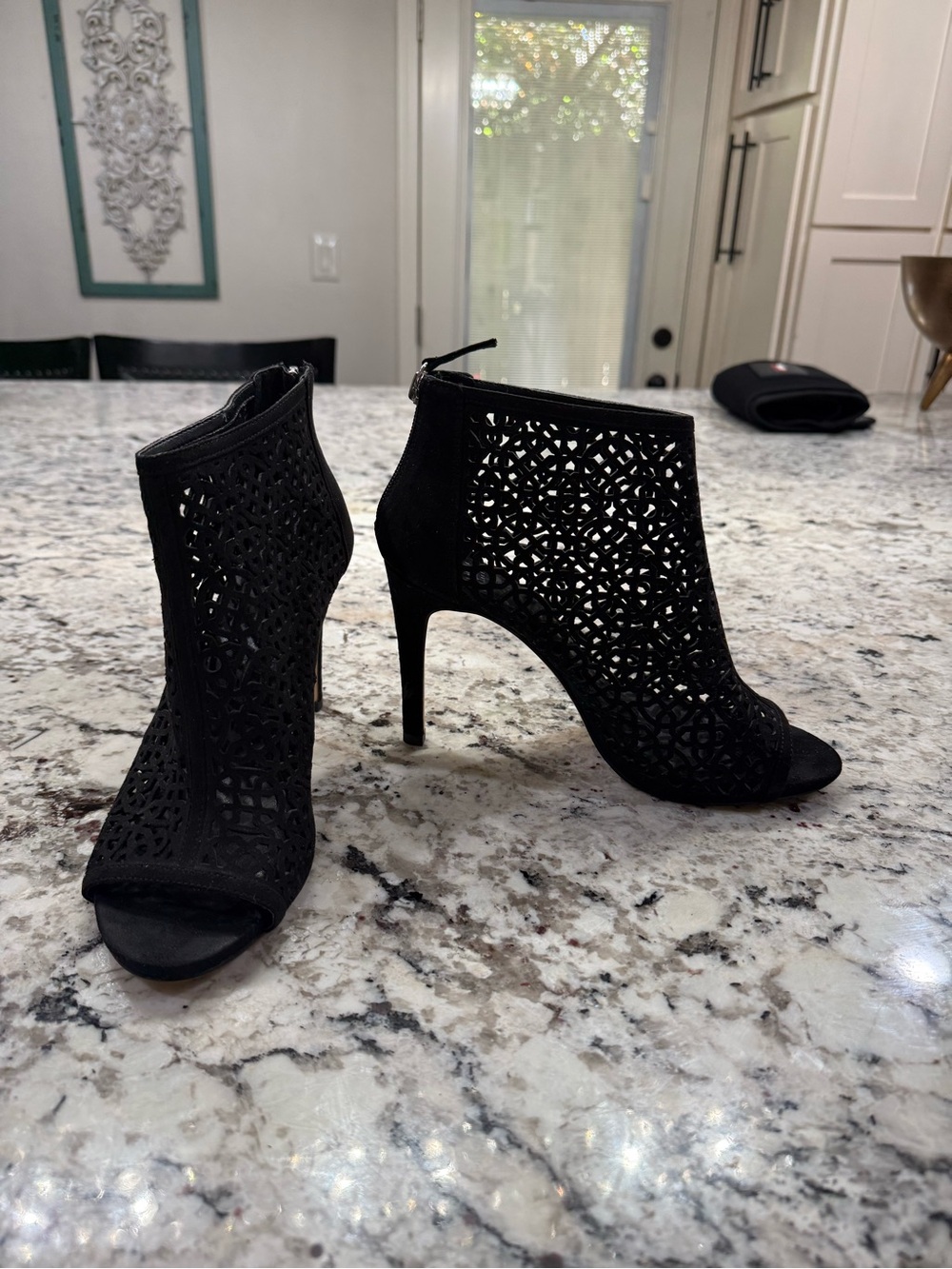 White House Black Market Black Laser-Cut Peep-Toe Stiletto Booties